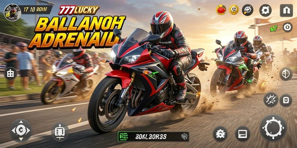 Screenshot gameplay 777LUCKY menampilkan balapan motor yang intens dan penuh aksi.