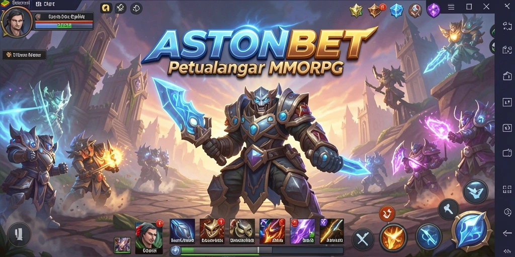 Screenshot ASTONBET menampilkan karakter bertarung melawan monster epik.