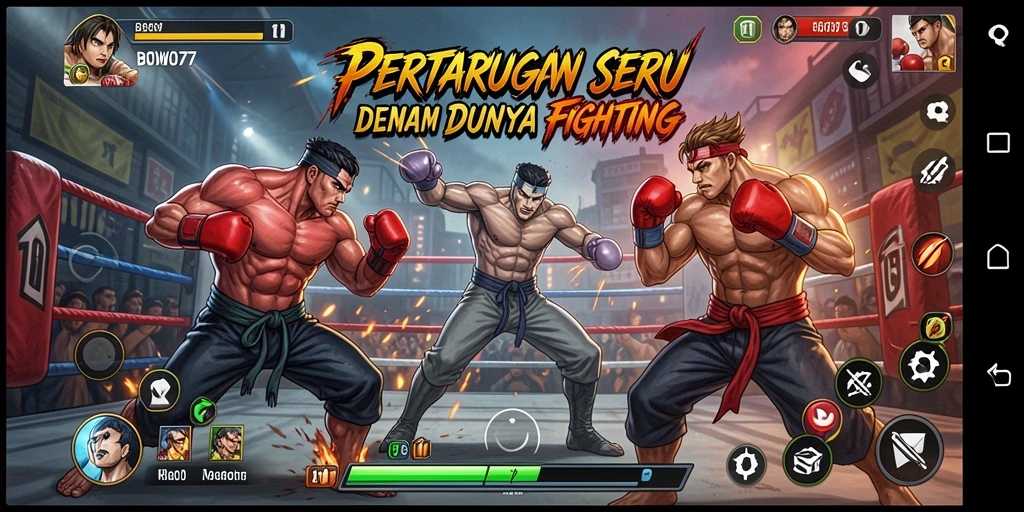 Tangkapan layar gameplay BOWO77 dengan aksi pertarungan seru.