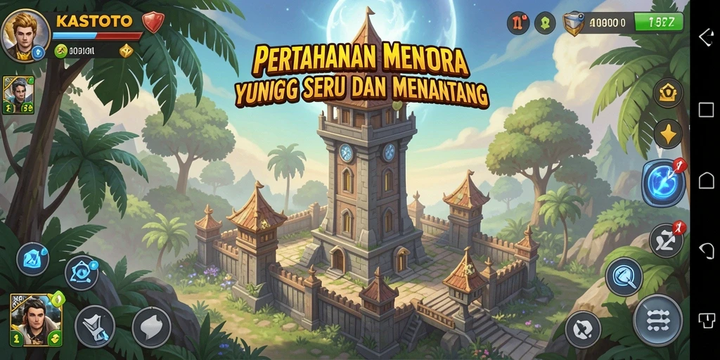 Screenshot gameplay KASTOTO menampilkan aksi seru pertahanan menara.