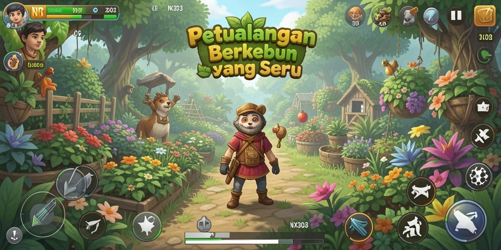 Gameplay NX303 menampilkan lahan pertanian yang subur dan hewan ternak yang lucu.