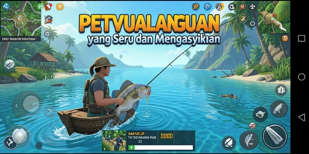 Tampilan gameplay RAKYATJP saat menangkap ikan dengan berbagai alat pancing.