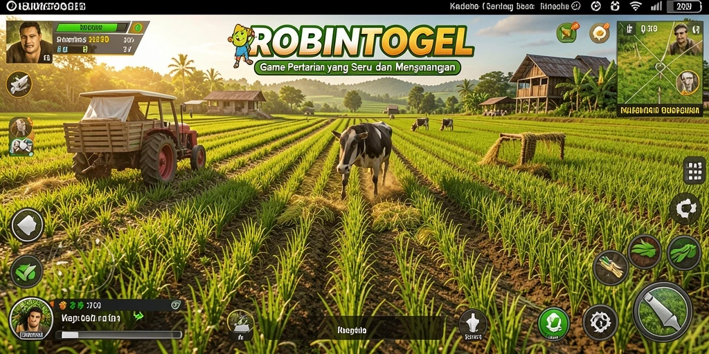 Gameplay ROBINTOGEL menampilkan aktivitas bertani dan panen.