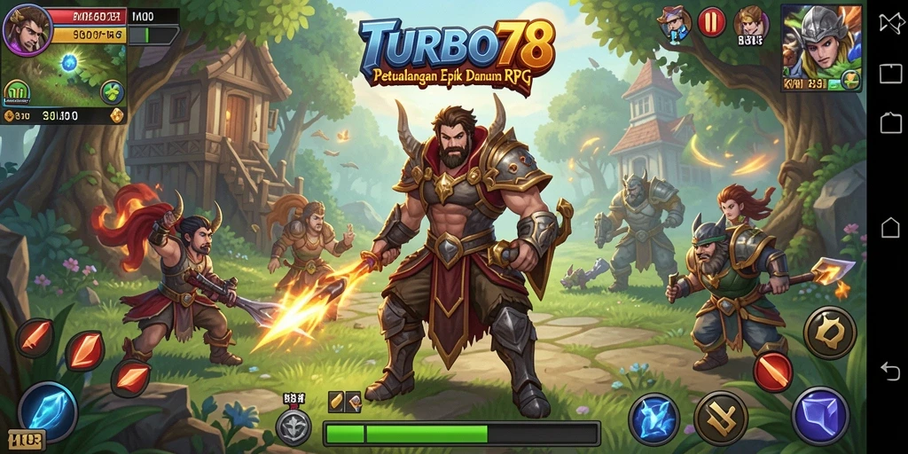 Screenshot gameplay TURBO78 menampilkan pertarungan epik antara karakter pemain dan monster besar.