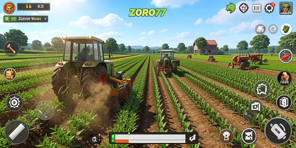 Tampilan gameplay ZORO77, dengan ladang dan tanaman yang subur.